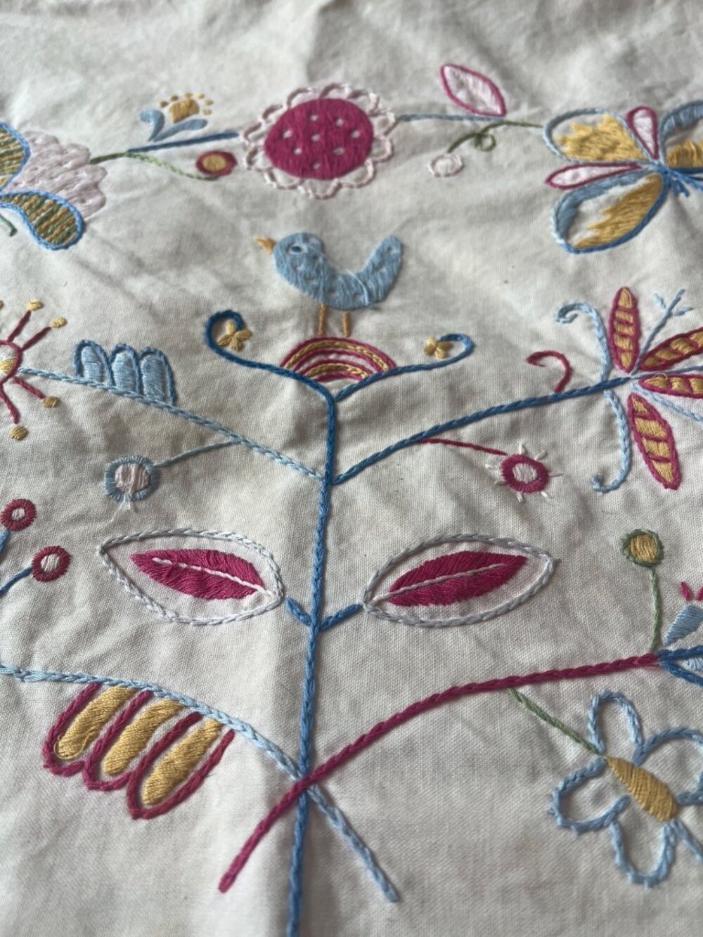 Ikea Embroidered Pillowcase With Floral & Bird Design On Cream Cotton Fabric - Picture 3 of 8